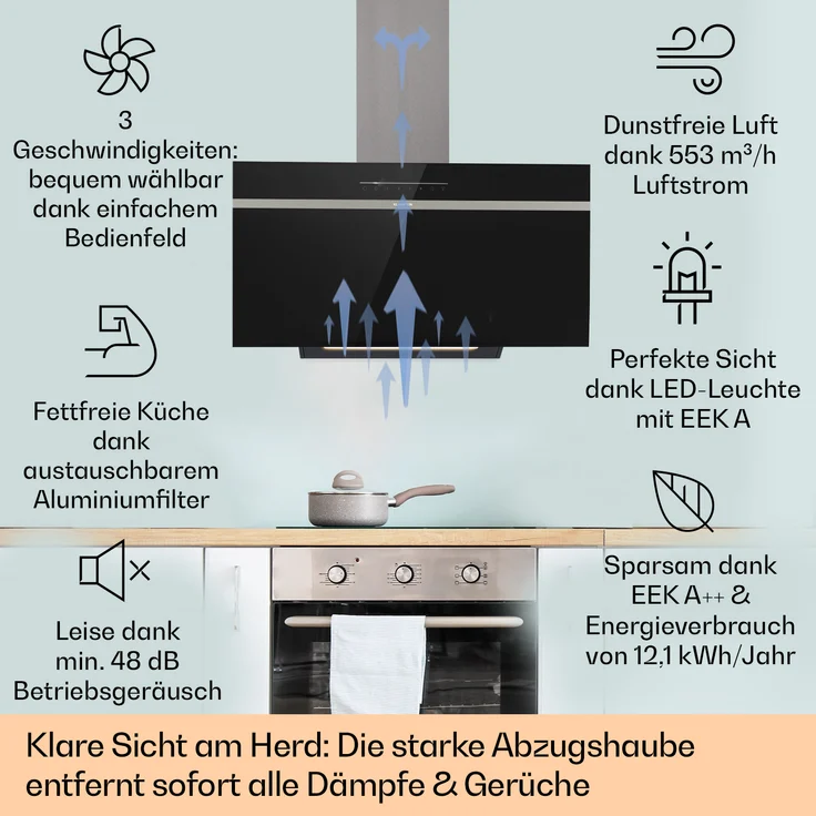 Klarstein Ava 90 Wandhaube, Wandmontage, Anzahl Gebläsestufen 3, Breite 90 cm, schwarz – Bild 2