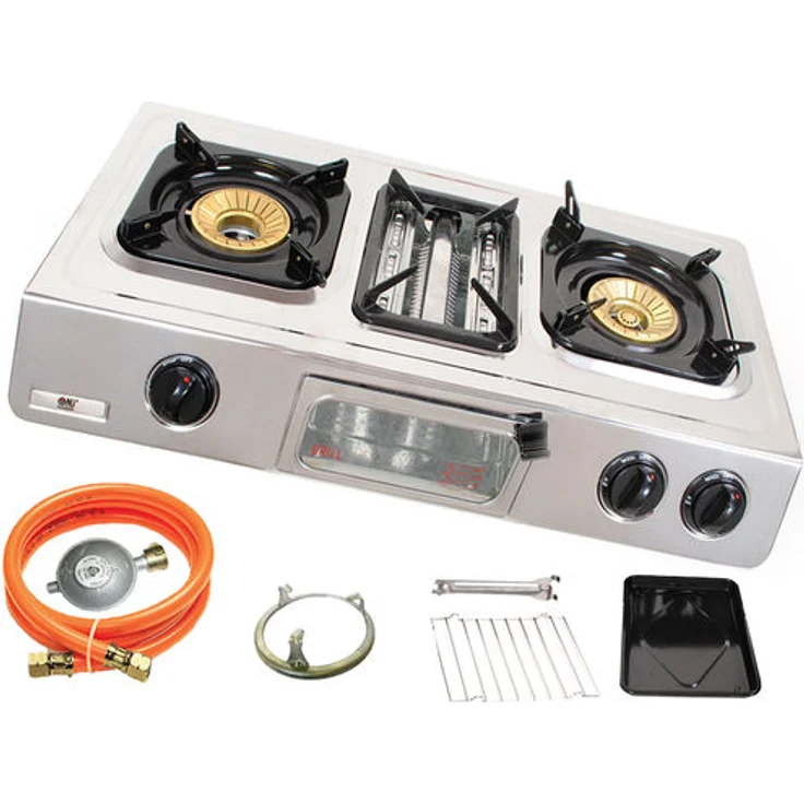 NJ Gaskocher mit Grill,3 flammig Gasgrill, 9,7 KW, Campingkocher, edelstahl – Bild 1