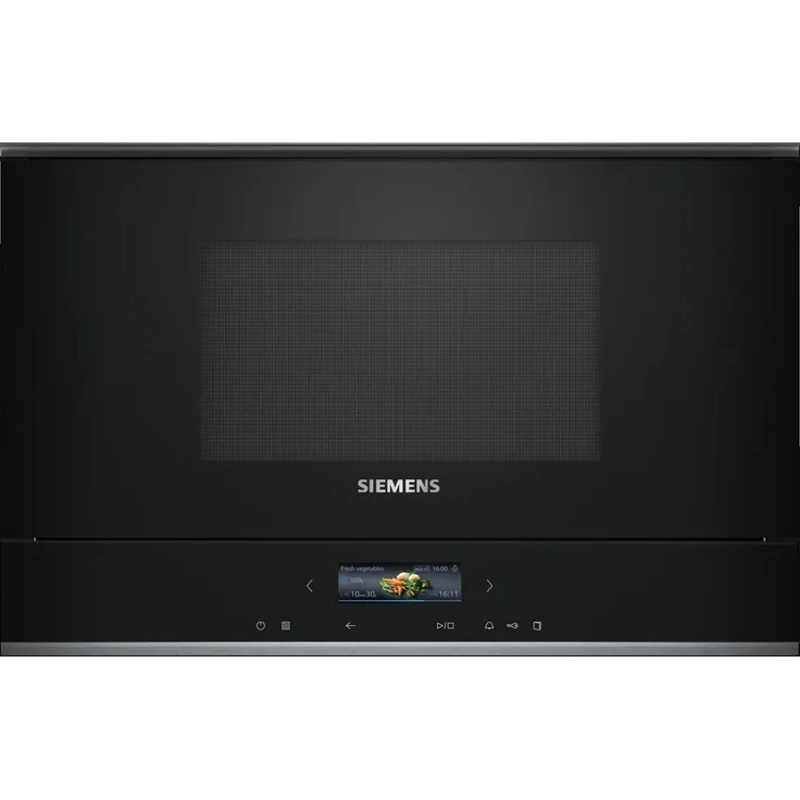 Siemens BF722L1B1 iQ700 Mikrowelle mit Grillfunktion, Einbaugerät, 21 Liter Garraum, 900 Watt, Türanschlag links, 10 Programme, Edelstahl, schwarz