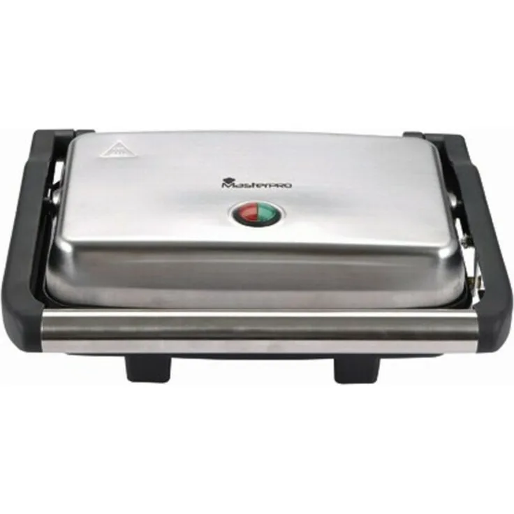 Masterpro Q3051 Kontaktgrill, 1500 W, gerillte Grillplatten, antihaftbeschichtet, 26,2 x 17 cm Grillfläche, silber, schwarz