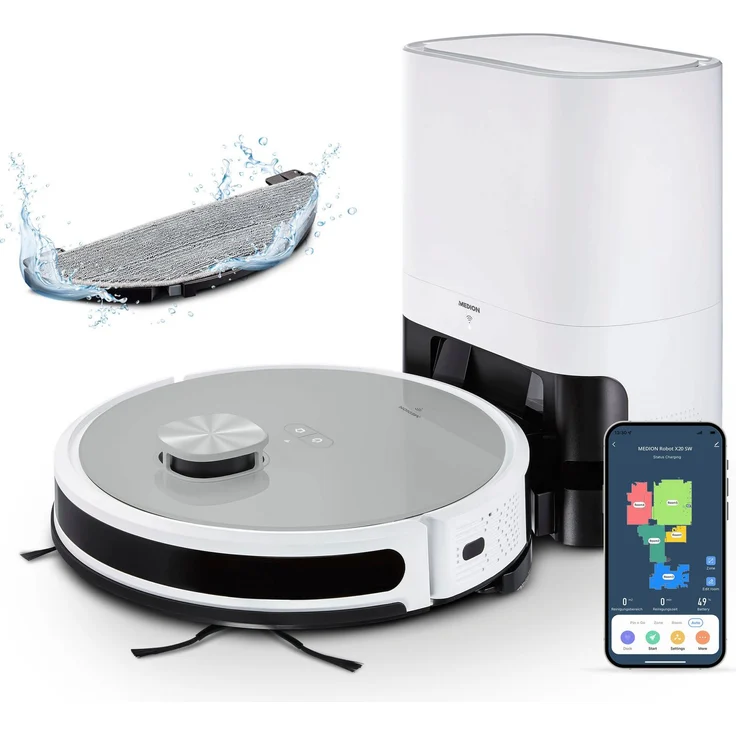 Medion X21 SW+ Saugroboter mit Wischfunktion und Absaugstation MD 11415, 150 min Akkubetrieb, App Steuerung und automatische Entleerung, weiß – Bild 2