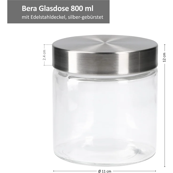 24tlg Set Vorratsglas Bera Edelstahldeckel silber Ø11cm 0.8L Glasdosen Dosen Aufbewahrungsbehälter – Bild 2
