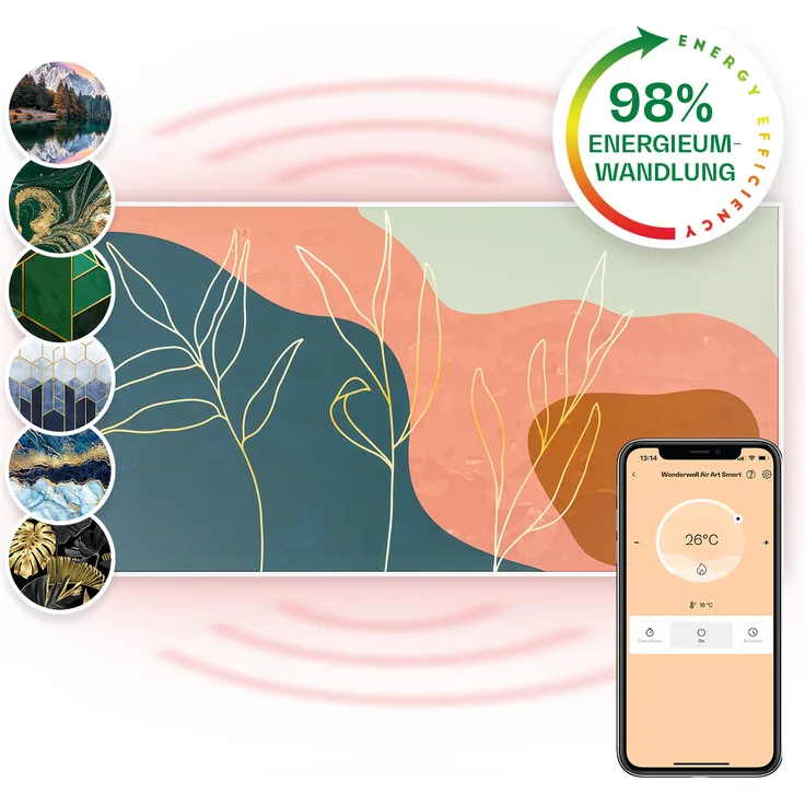 Wonderwall Air Art Smart Infrarotheizung 60x120 cm 700W Wandinstallation App-Steuerung Goldene Linien