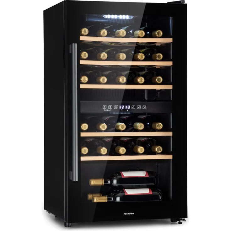Klarstein Barossa 29 Duo Weinkühlschrank, freistehend, schwarz, 29 Flaschen, 2 Temperaturzonen, Drucktasten-Steuerung, Energieklasse G