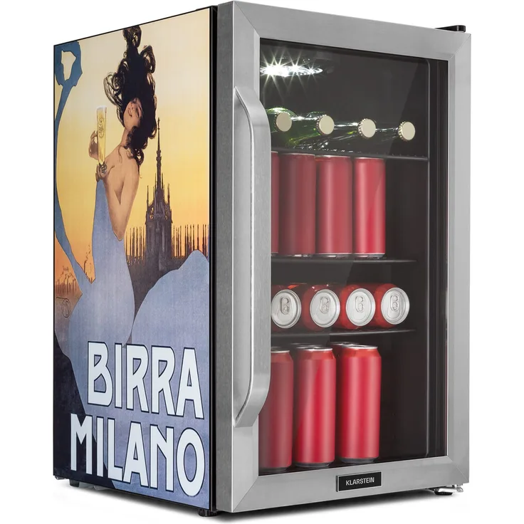Klarstein Beersafe 70 Birra Milano Edition Getränkekühlschrank, freistehend, silber Edelstahl, 3 Böden, Panoramaglastür, Energieklasse F