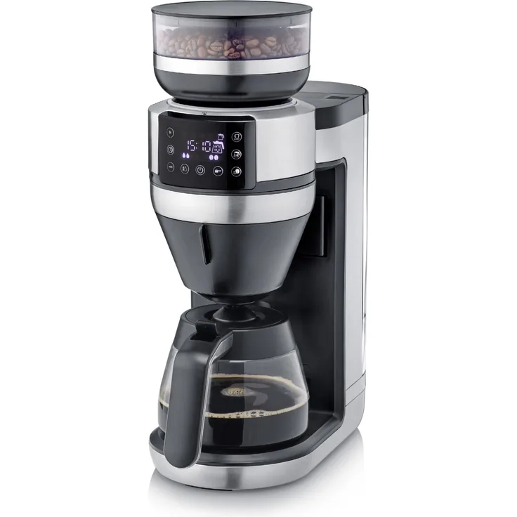 Severin KA 4850 Filterkaffeemaschine, 1520 Watt, Timer, Bohnenbehälter, Warmhalteplatte, mit Mahlwerk, Wassertank abnehmbar, schwarz, edelstahl