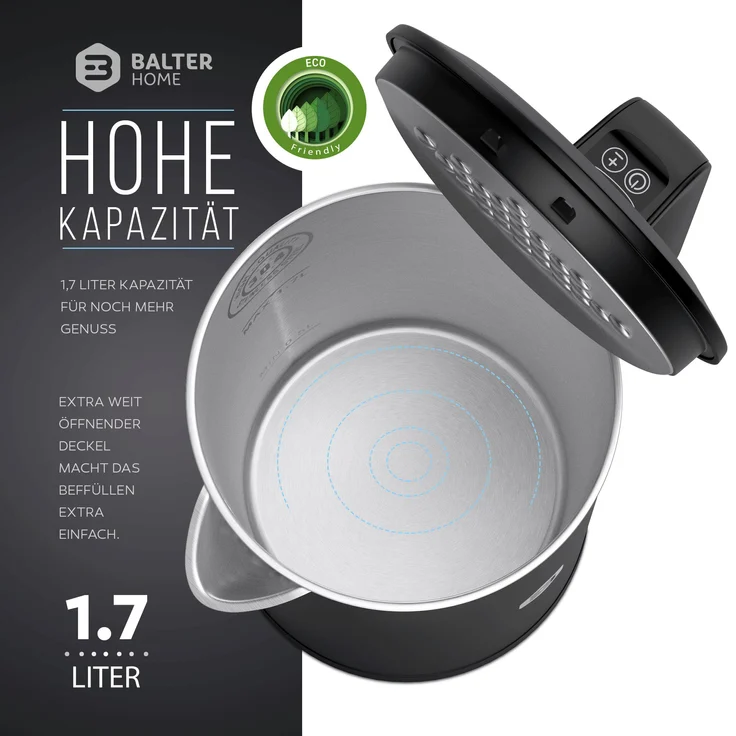 Balter WK-04-Touch-BL Wasserkocher, 1800 Watt, 1,7 Liter, Wasserstandsanzeige, Edelstahl, schwarz – Bild 5