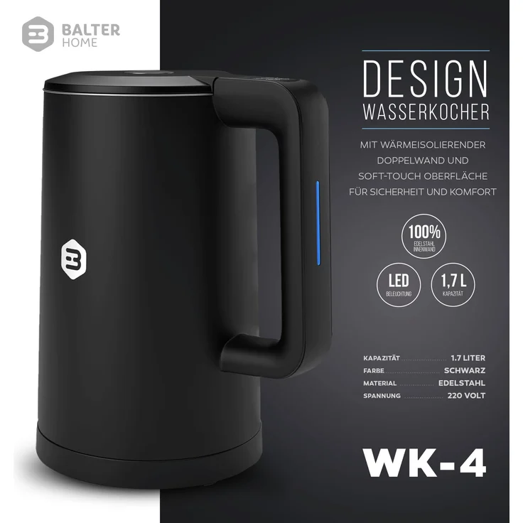 Balter WK-04-Touch-BL Wasserkocher, 1800 Watt, 1,7 Liter, Wasserstandsanzeige, Edelstahl, schwarz – Bild 2