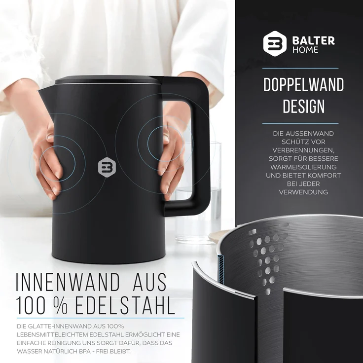 Balter WK-04-Touch-BL Wasserkocher, 1800 Watt, 1,7 Liter, Wasserstandsanzeige, Edelstahl, schwarz – Bild 4