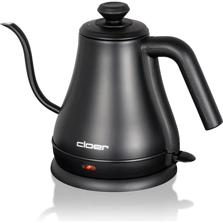 Cloer 4960 Gooseneck Wasserkocher, 1000 Watt, 0,8 Lite, verdecktes Heizelement, abnehmbarer Deckel, Kontrollleuchte, Edelstahl, schwarz