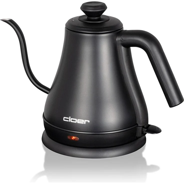 Cloer 4960 Gooseneck Wasserkocher, 1000 Watt, 0,8 Lite, verdecktes Heizelement, abnehmbarer Deckel, Kontrollleuchte, Edelstahl, schwarz – Bild 1