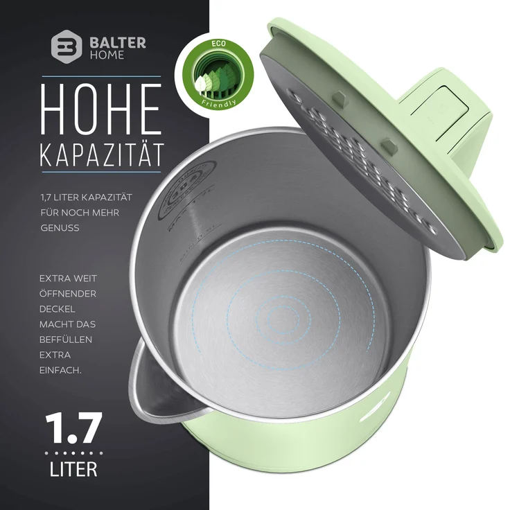 Balter WK-4-MT Wasserkocher, 1800 Watt, 1,7 Liter, Wasserstandsanzeige, kabellos, mint – Bild 5