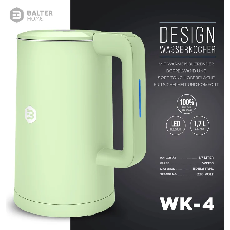 Balter WK-4-MT Wasserkocher, 1800 Watt, 1,7 Liter, Wasserstandsanzeige, kabellos, mint – Bild 2