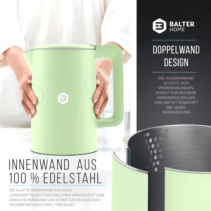 Balter WK-4-MT Wasserkocher, 1800 Watt, 1,7 Liter, Wasserstandsanzeige, kabellos, mint – Bild 4