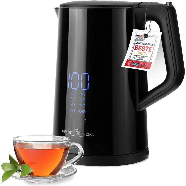 Proficook PC-WKS 1243 BK Wasserkocher, 1,7 L, 2200W, Sensor-Touch-Bedienung, mit Temperaturwahl, Display, Warmhaltefunktion, schwarz
