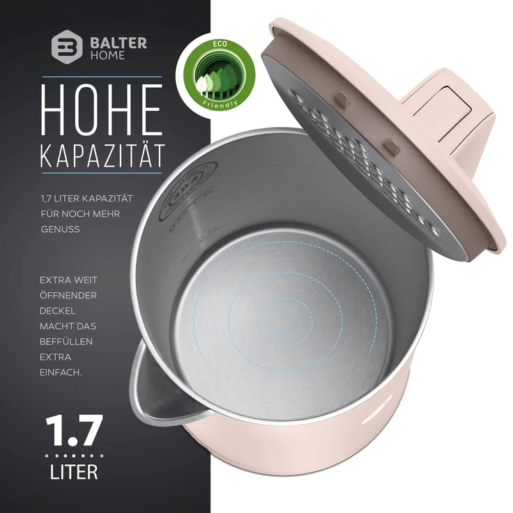 Balter WK-4-PK Wasserkocher, 1800 Watt, 1,7 Liter, Wasserstandsanzeige, kabellos, begonia pink – Bild 5
