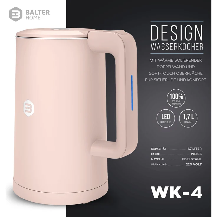 Balter WK-4-PK Wasserkocher, 1800 Watt, 1,7 Liter, Wasserstandsanzeige, kabellos, begonia pink – Bild 2