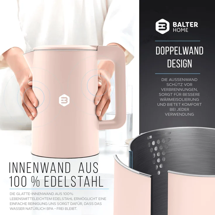 Balter WK-4-PK Wasserkocher, 1800 Watt, 1,7 Liter, Wasserstandsanzeige, kabellos, begonia pink – Bild 4