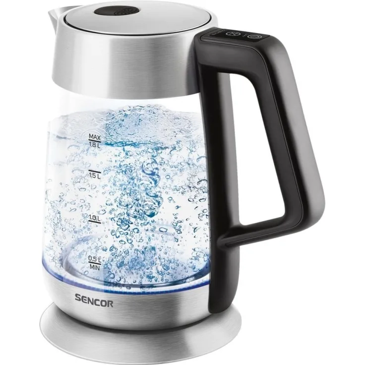 Sencor SWK 1890SS Glas-Wasserkocher, 2200 Watt, 1,8 Liter, mit Temperaturwahl, Wasserstandsanzeige, silber, schwarz