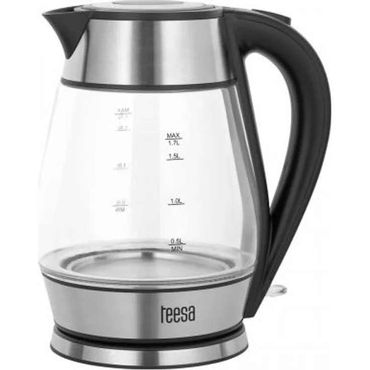 Teesa TSA1512B Glas-Wasserkocher, 2200 Watt, 1,7 Liter, Wasserstandsanzeige, kabellos, silber – Bild 1