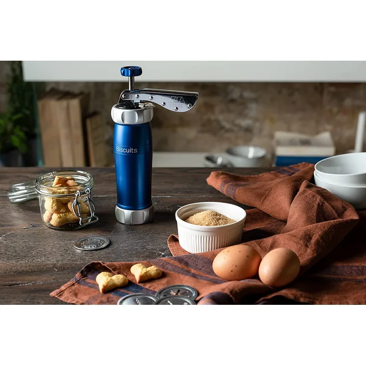 Marcato Biscuits, 2 unterschiedliche Plätzchengröße auswählbar, Aluminiumlegierung, inkl. 20 Matrizen, blau, silber