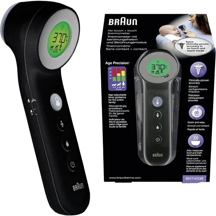 Braun BNT400B Stirnthermometer, Dual-Technologie, kontaktlos, mit Age Precision, in Celsius, Fahrenheit, schwarz – Bild 1