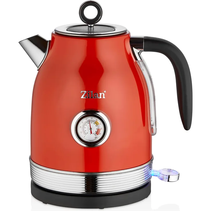 Zilan ZLN-7033 Retro-Wasserkocher, 1,7 l, 2000 W, Kontrollleuchte, analoger Themperaturanzeige, Edelstahl-Innenraum, Wasserstandsanzeige, rot