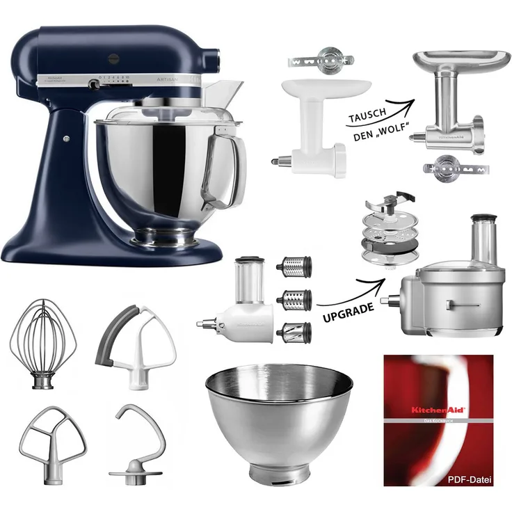 KitchenAid 5KSM175PS Küchenmaschine Fleischwolf-Gemüse Set, 300 Watt, inkl. 3 Liter Edelstahlschüssel, Gemüseschnieder, tintenblau