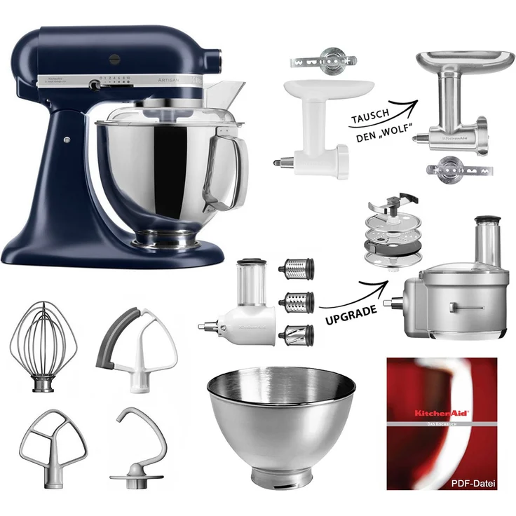 KitchenAid 5KSM175PS Küchenmaschine Fleischwolf-Gemüse Set, 300 Watt, inkl. 3 Liter Edelstahlschüssel, Gemüseschnieder, tintenblau