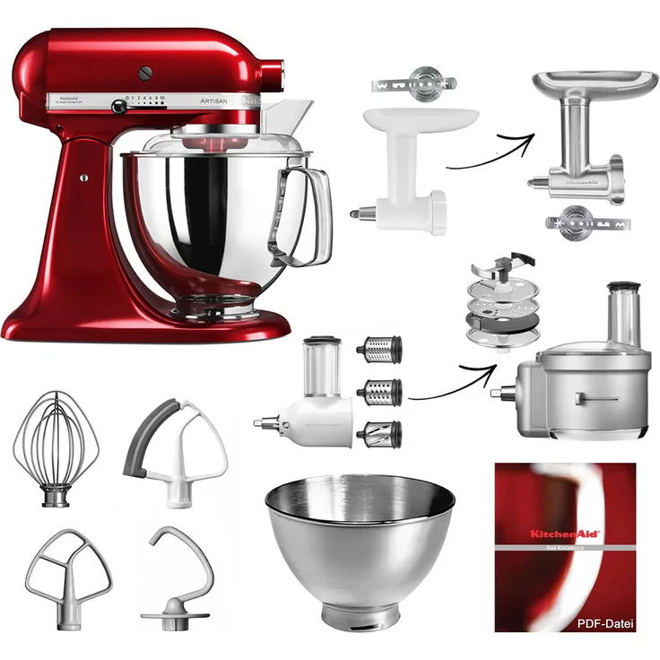 KitchenAid 5KSM175PS Küchenmaschine Fleischwolf-Gemüse Set, 300 Watt, inkl. 3 Liter Edelstahlschüssel, Gemüseschnieder, liebesapfelrot