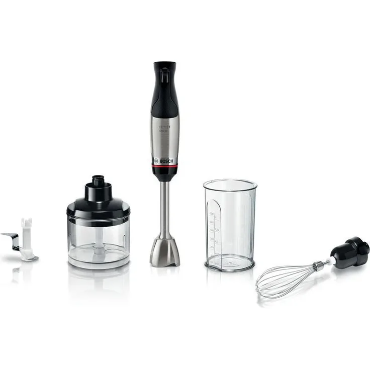Bosch ErgoMaster Serie 6 MSM6M821 Stabmixer, 1000 Watt, inkl. Zerkleinerer-Aufsatz, Schneebesen, Messbecher, Pürierstab, schwarz, silber