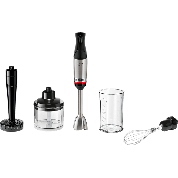 Bosc MSM6M623 Stabmixer, 1000W, AntiSplash, inkl. Zerkleinerer, Kartoffelstampfer, Mixbehälter, Schneebesen, Kunststoff, Edelstahl, silber, schwarz – Bild 1