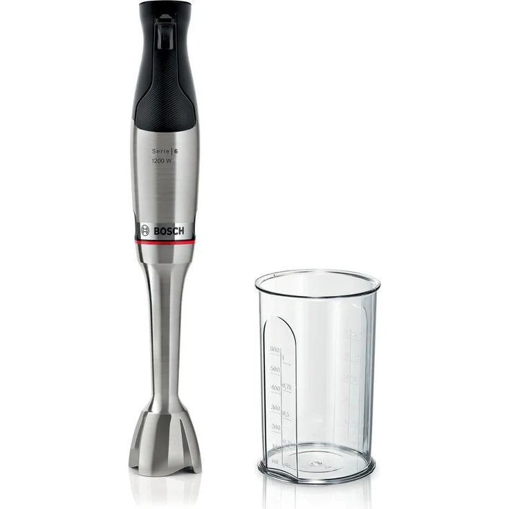 Bosch ErgoMaster Serie 6 MSM6M810 Stabmixer, 1200 Watt, stufenlose Geschwindigkeitsregelung, Pulse, inkl. Messbecher, silber, schwarz – Bild 1