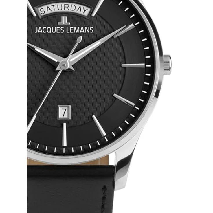 JACQUES LEMANS Herrenuhr London 1-2193A, Edelstahlgehäuse, schwarzes Lederband, Quarzwerk, analog, Kalenderfunktion, Mineralglas – Bild 2