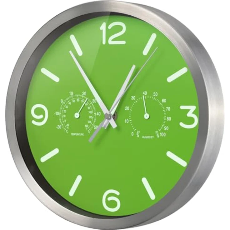 Bresser MyTime ND Funkuhr Wanduhr mit Thermo-Hygro Anzeige, geräuschlosem Uhrwerk, Edelstahlrahmen, grün, 250x250mm – Bild 4
