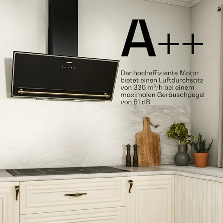 Klarstein Victoria Dunstabzugshaube 90 cm, 400 m³/h, A++, Touch-Bedienfeld, LED-Beleuchtung, Schwarz/Gold, Abluft & Umluft, Leise 52 dB – Bild 4