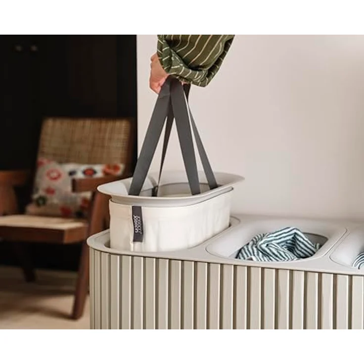 Joseph Joseph Tota Trio Luxe 90L Wäschekorb Ecru, Dreifacher Wäschesammler mit Bambusdeckel und Herausnehmbaren Taschen, 3 Fächer – Bild 5