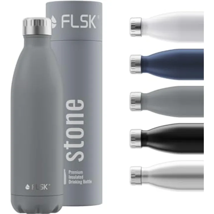 FLSK Trinkflasche I Premium Thermosflasche aus Edelstahl I 100% Auslaufsicher & Kohlensäure geeignet I hält bis zu 24 Std. Kalt und 18 Std. Heiß (stone, 750 ml)