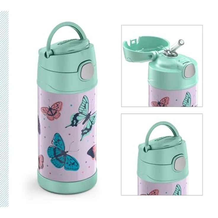 RMOVR THERMOS kids FUNTAINER STRAW BOTTLE 0,35l, butterflies, Thermosflasche für Kinder aus Edelstahl, mit Strohhalm, X h heiß/X h kalt, absolut dicht, für Schule, Kindergarten, Pause – Bild 2