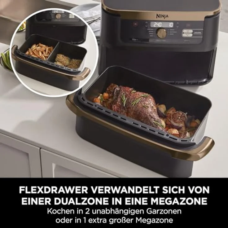 Ninja Foodi FlexDrawer Dual Zone Heißluftfritteuse, Airfryer mit 10,4-Fach und herausnehmbarem Trenner, Antihaftbeschichtung, spülmaschinenfester Korb, 7-in-1, Schwarz & Kupfer, AF500EUCP – Bild 3