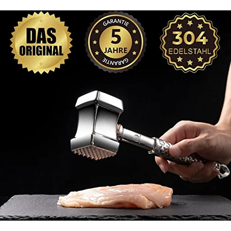 Fleischklopfer Edelstahl spülmaschinenfest - Original Design - Doppelseitiger Schnitzelklopfer ideal für Schnitzel, Koteletts, Steaks - Fleischhammer mit 5 Jahre Garantie - Preisvergleich – Bild 2