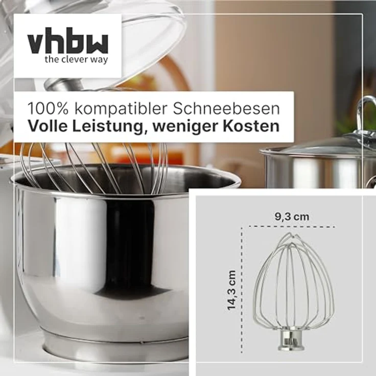 vhbw Schneebesen für Kitchenaid Küchenmaschinen, Edelstahl, kompatibel mit 4,3, 4,7, 4,8 L Schüsseln, ideal zum Schlagen von Sahne und Eiweiß – Bild 2