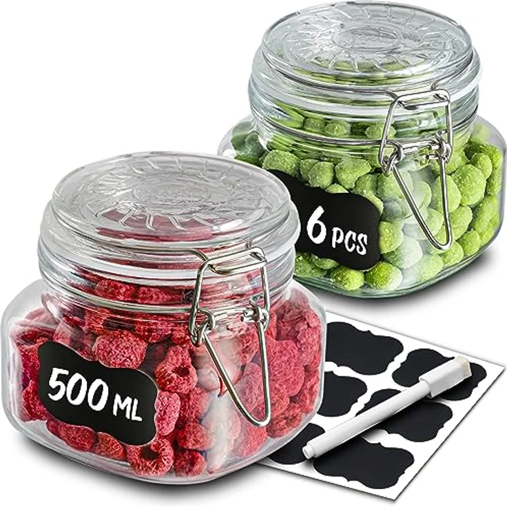 Niboline 6 Einmachgläser mit Bügelverschluss 500ml - Luftdicht, mit Etiketten, Stift und extra Silikondichtungen - Eckige Form, spülmaschinenfest – Bild 2