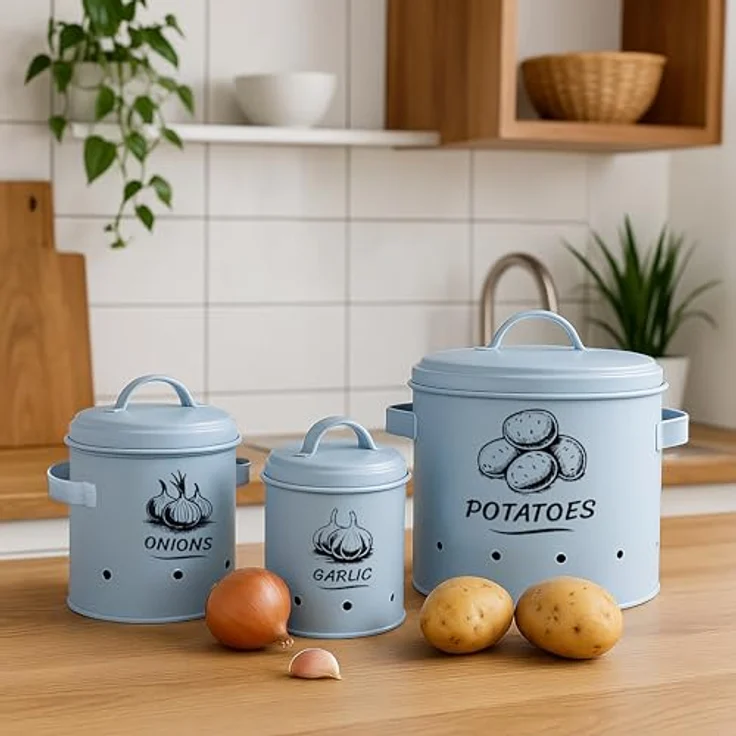 relaxdays Vorratsdose Kartoffel Aufbewahrungsbox 3er Set, Stahl, Hellblau, mit Belüftungslöchern für optimale Lagerung von Kartoffeln, Zwiebeln und Knoblauch – Bild 2