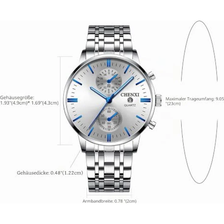 JewelryWe 2PCS Herrenuhr Edelstahl Quarz Analog, Kalenderdatum, 3ATM wasserdicht, Silber Blau – Bild 4