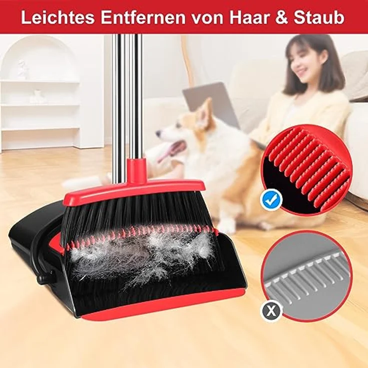 VOSSBACH Kehrgarnitur, Besen und Kehrschaufel Set, Edelstahl verlängerbar mit Wandhalterung, höhenverstellbarer Stiel, dichte Borsten, inklusive Schmutzcontainer mit Kammzähnen – Bild 4