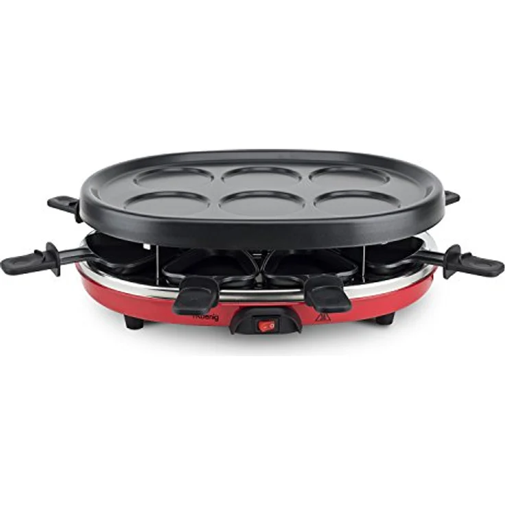 H.Koenig RP412 Raclette-Gerät 4 in 1 - 8 Personen - Raclette, Natursteingrill, Crepe-Platte und Grillplatte - mit 8 Pfännchen - 900 W - schwarz-rot – Bild 5