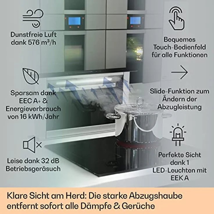 Klarstein Royal Flush Dunstabzugshaube 60 cm, A++, 576 m³/h Abluft, Touch-To-Slide Bedienfeld, Edelstahl & Glas, Geräuscharm 51 dB – Bild 2