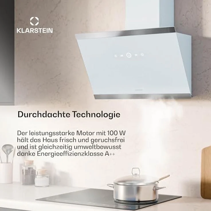 Klarstein FlashLine Dunstabzugshaube, 60 cm Kopffreihaube mit Touchscreen, 524 m³/h, A++ Energieeffizienz, 34,5 dB, LED-Beleuchtung, Weiß, Abluft- und Umluftbetrieb – Bild 3