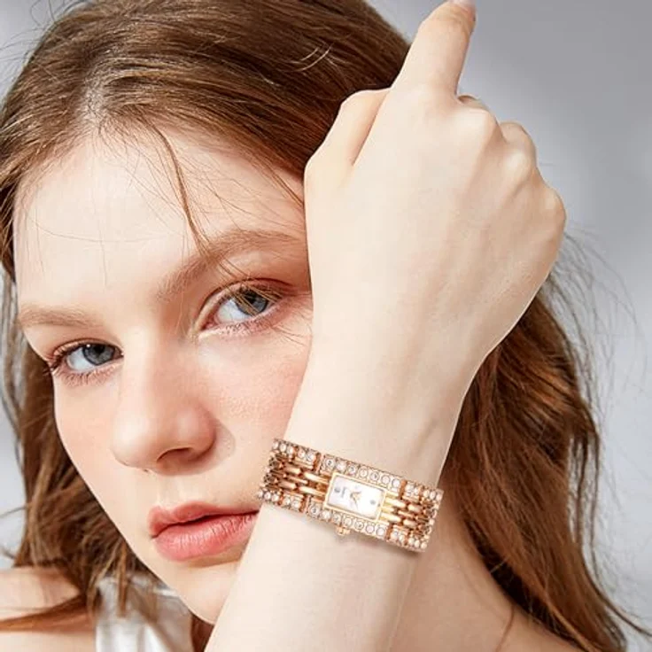 JewelryWe Rechteckige Damenuhr mit vollbesetztem Diamantdesign, analoges Quarzwerk, rosegoldenes Metallarmband, ultradünn, luxuriös und elegant – Bild 3